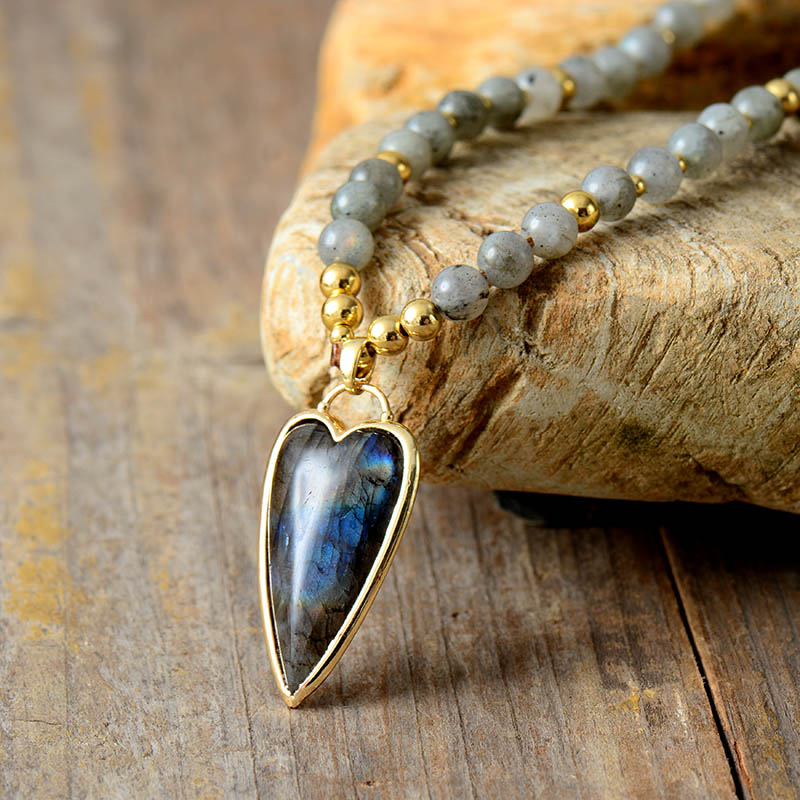 Bohemia Gems Stone Heart Pendant Necklace Women Labradorite Beaded Short Choker Necklace Boho Jewelry Femme Wholesale
