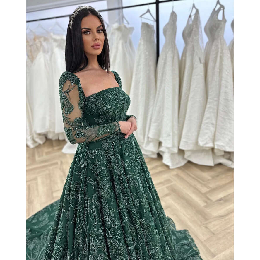 Green Emerald Crystal Evening Dresses Elegant A E Turkey Prom Dress Beaded Long Sleeves Illusion Formal Party Gowns