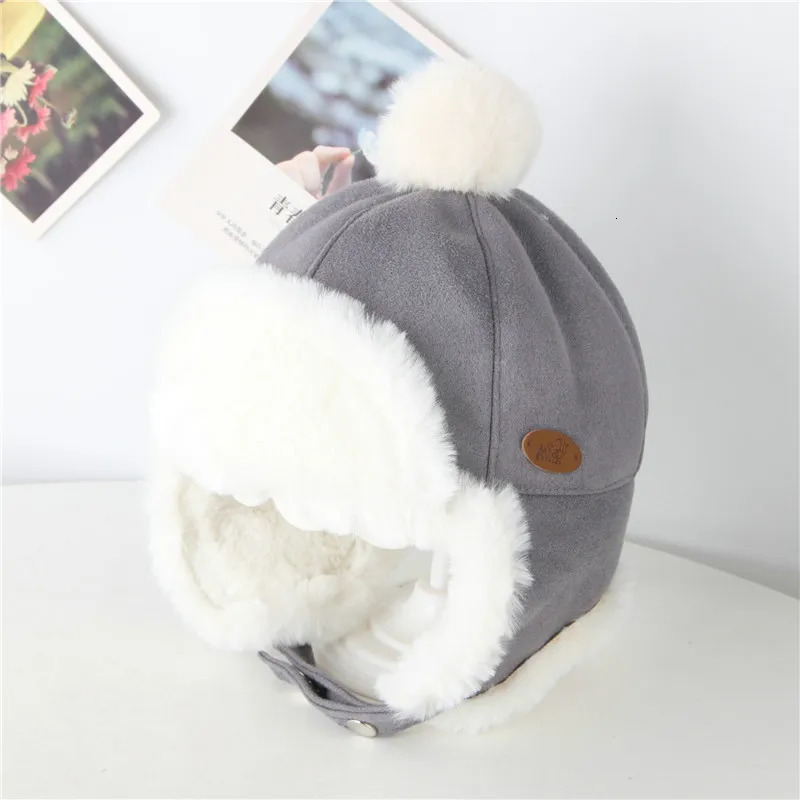Russia Winter Kid Baby Boy Girl Hat Fur Ball Ear Thicken Warm Cap With Plush Childrens Hat Flying Cap 1 2 3 Years 241112