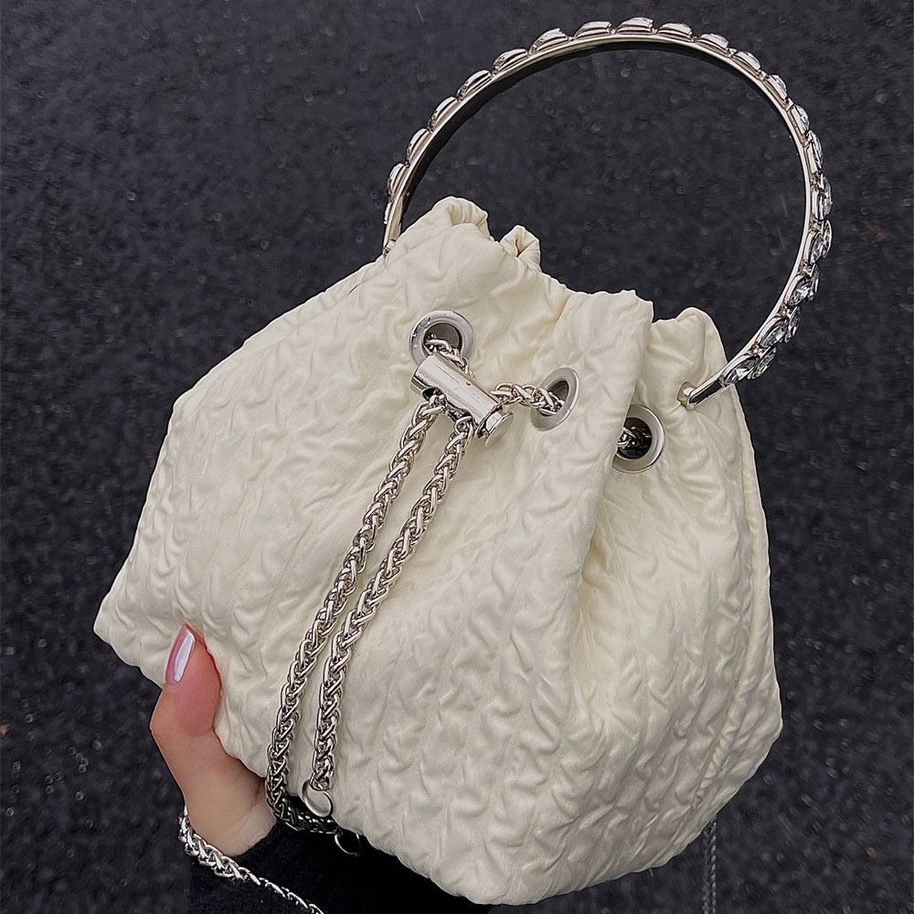 Korean Style Drawstring Bucket One-shoulder Dia Handle Chain Crossbody Bag Adjustable Oxford Pleated Handbag