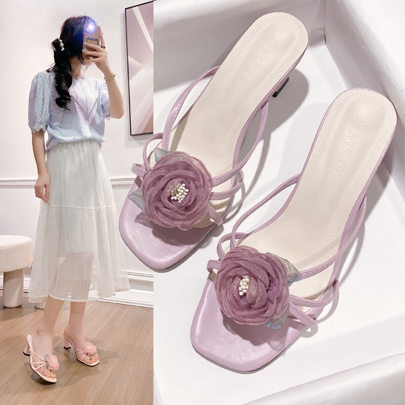 Chinese High Heels For Women In The Summer Of New Slim Heeled Rose Outerwear Elegant French Style One Line Sandals Ddmysheep Ddmysheep ddmythur