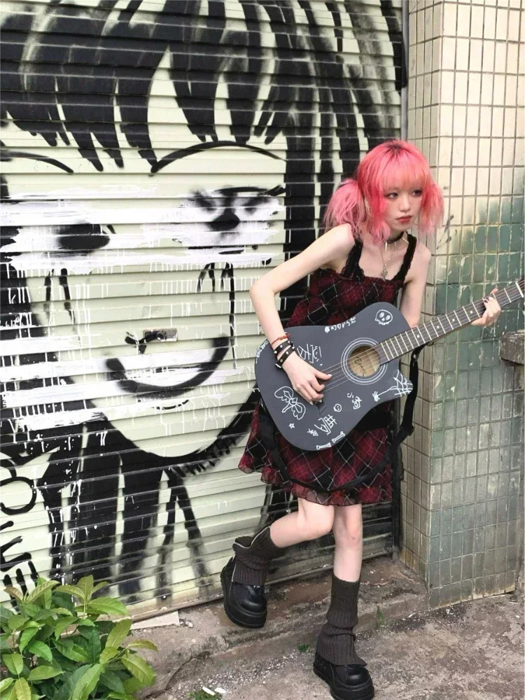 Deeptown Harajuku Goth Red Mini Plaid Dress Women Y2k Gothic Mall Cyber Punk Halloween Dresses Vintage One Piece Slip Vestidos 240329