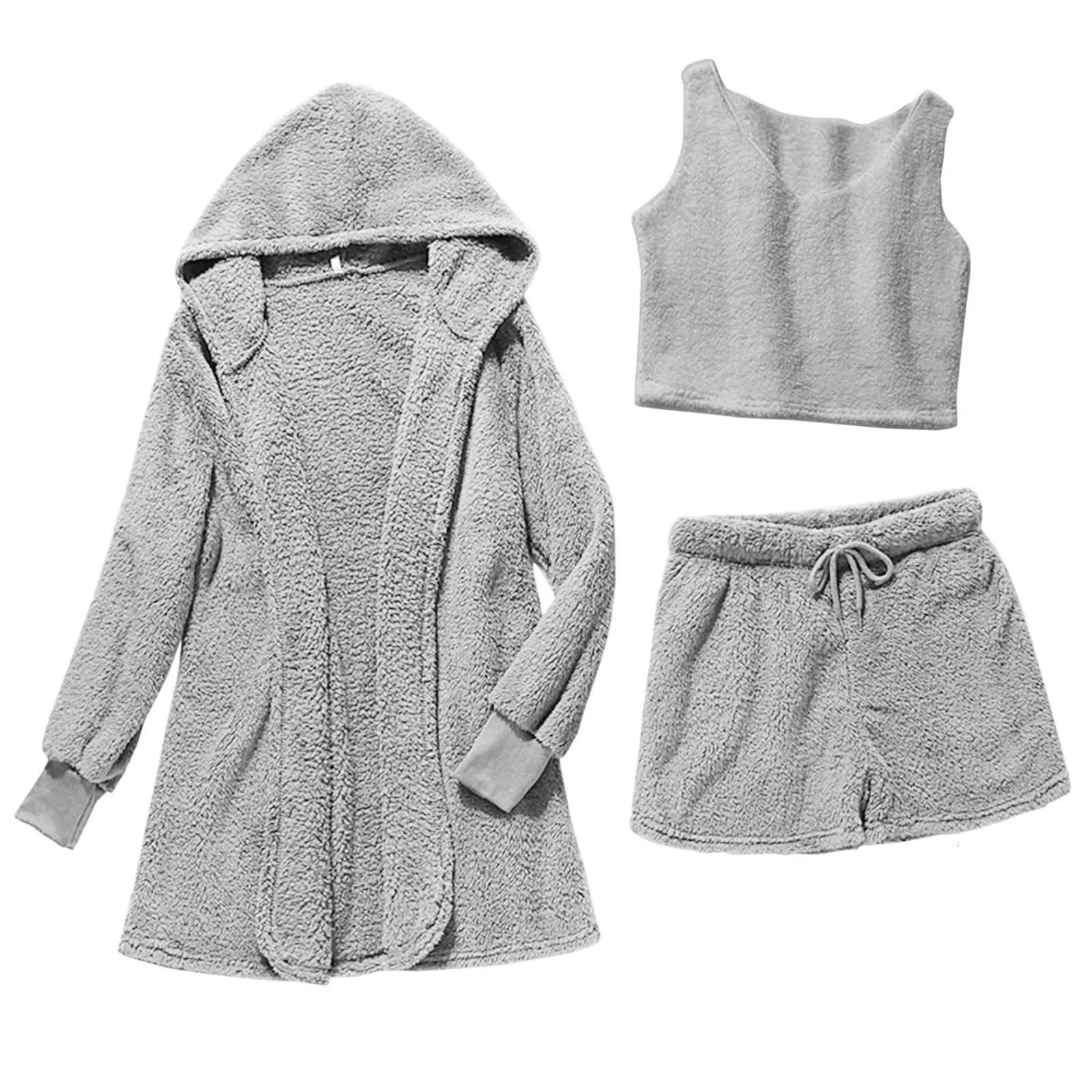 Fluffy Pajamas Set For Women Casual Sleepwear Tank Top And Shorts Plus Size Hoodie Leisure Homsuit Winter 3 Pieces Pijamas 241113
