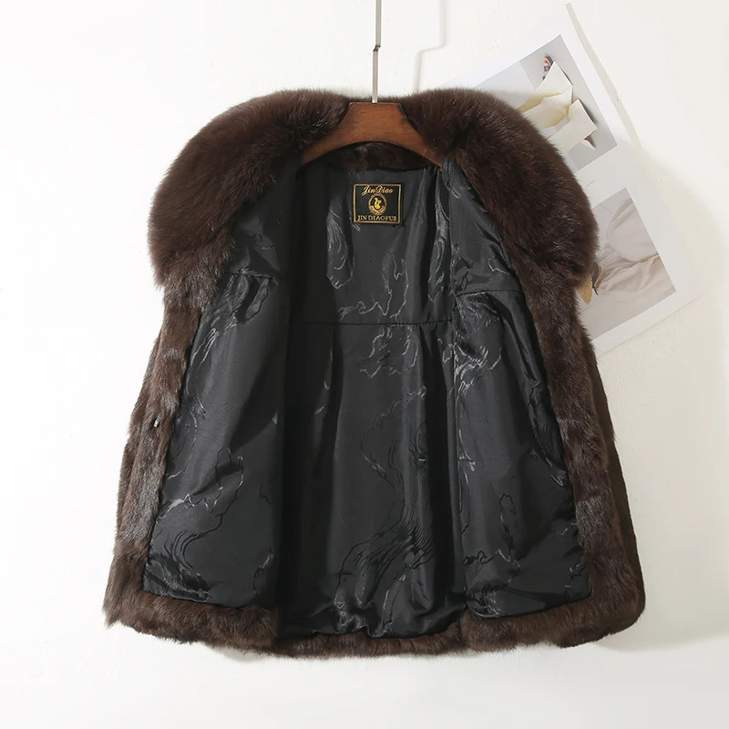 Genuine Whole 100% Real Natural Rabbit Fur Coat With y Fox Collar Jacket Full Pelt Overcoat 241113