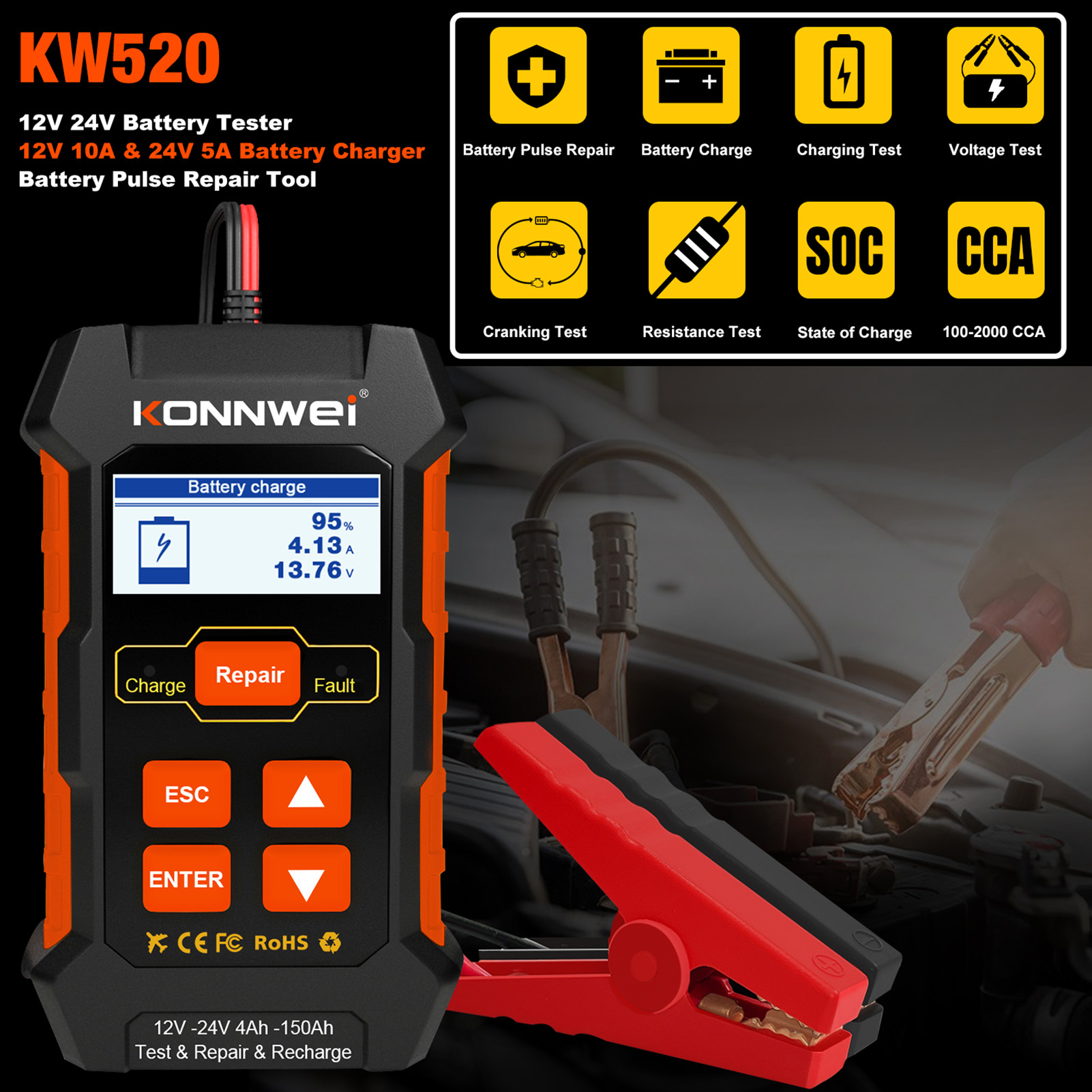 12V KW520 24V KONNWEI Car Battery Tester Charger and Battery Repairing Tool 3 in 1 Diagnostic Scanner 100-2000CCA Battery Tester smile