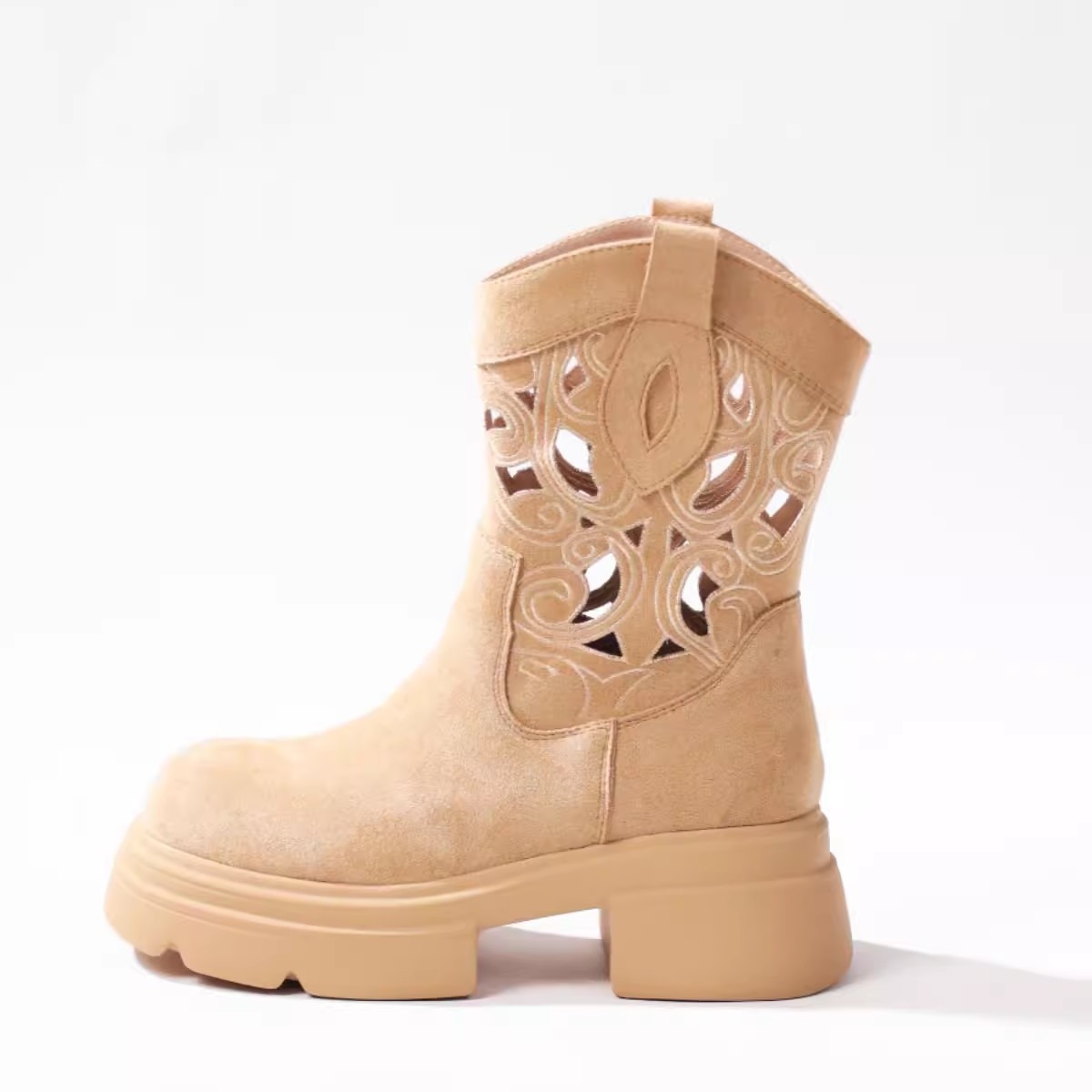 Women's Boots:Fashion Simple Hollow Design 2024 Retro Style Short Boots High Heel Increase Height,Black/Brown/Apricot,Free shipping