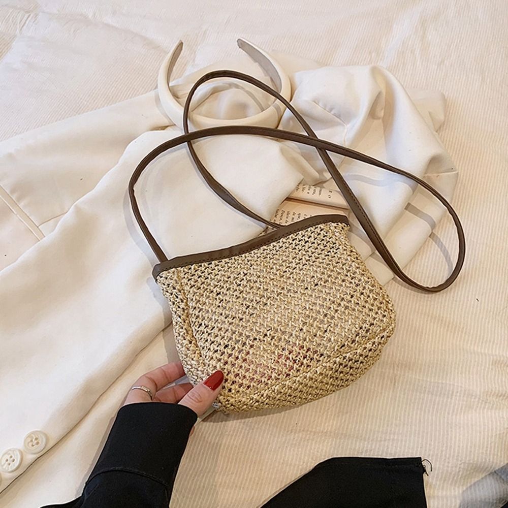 Hollow Out Raffia Bag Cute Bohemian Style Pu Leather Weave Straw Crossbody Bag Mobile Bag Shoulder Bag Streetwear