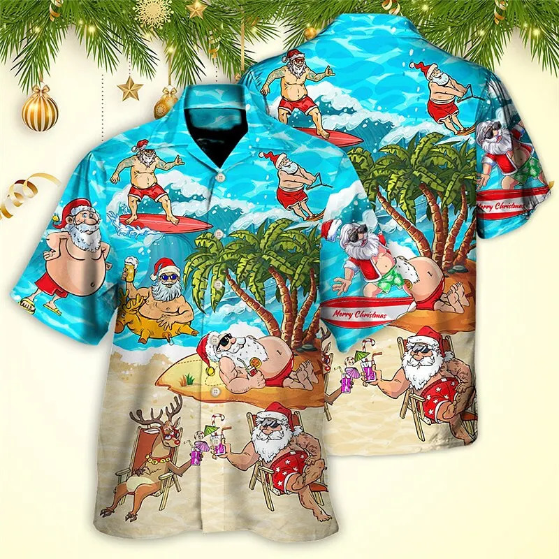 Christmas Mens Hawaii Shirt Short Sleeve Year Xmas 3D Printing Tops Santa Claus Party Beachwear Camping Vacation Apparel 241108