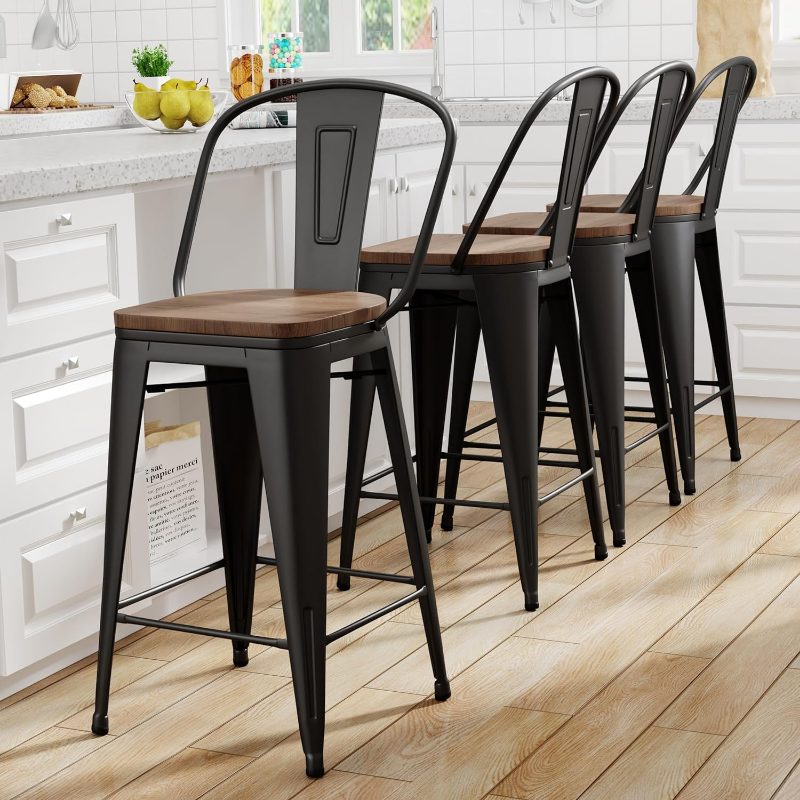 Yongqiang Bar Stools Set of 4 Height 30 inch Tall Kitchen Island Chairs Metal High Back stools with Wooden Sea