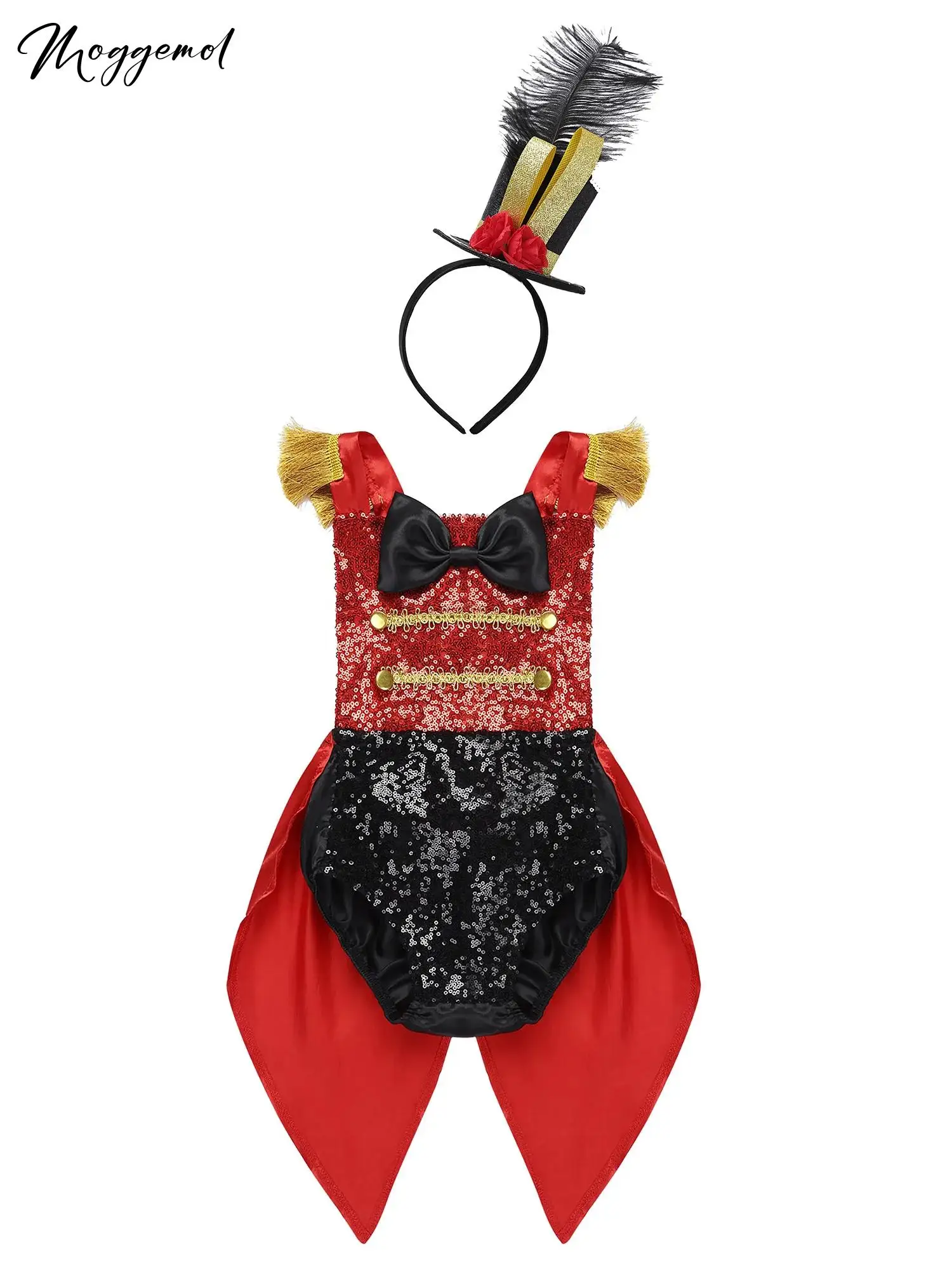 Baby Girl Toddler Ringmaster Circus Costume Bodysuit Shiny Sequins Bowknot Romper with Feather Hat for Halloween Cosplay Party