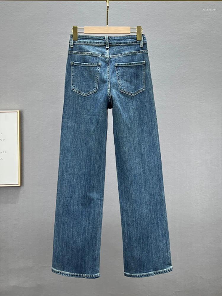 Women's Jeans High Waist Pockets Edge Diamond Studded Straight Wide Leg Blue Denim Pants 2024 Autumn Fashion 29L3903