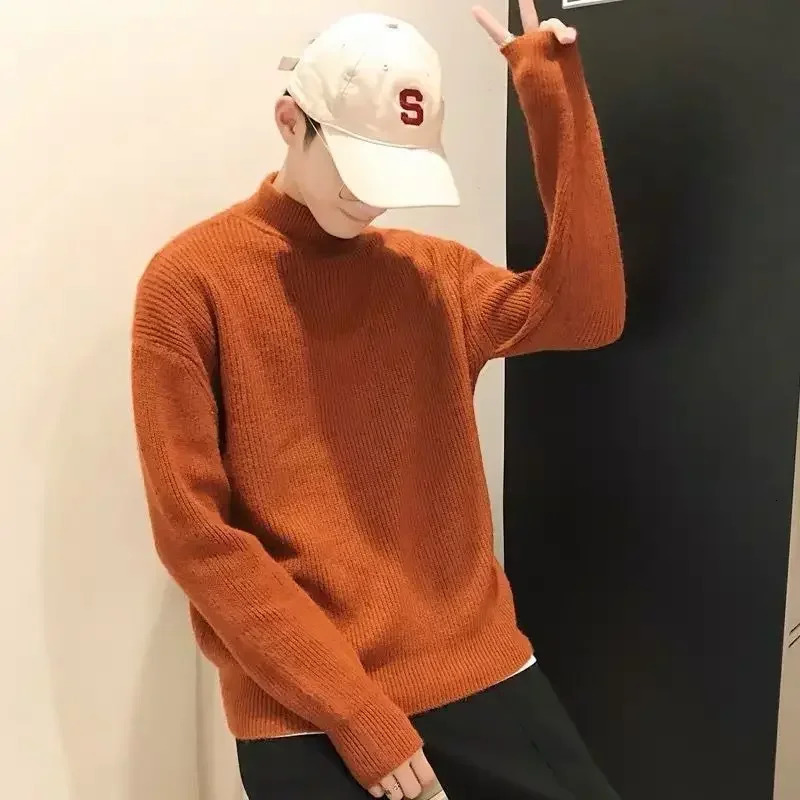 Mens solid color knitted sweater mens collar pure blue floral Korean fashion sportswear long sleeved 100% A 241113