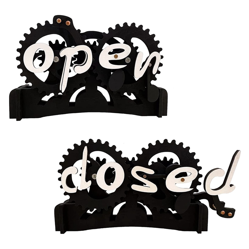 Open Closed Sign Board, Wooden Gear Mechanism Convertible Open Signs For Business, Creative Manual Mechanical Hanging