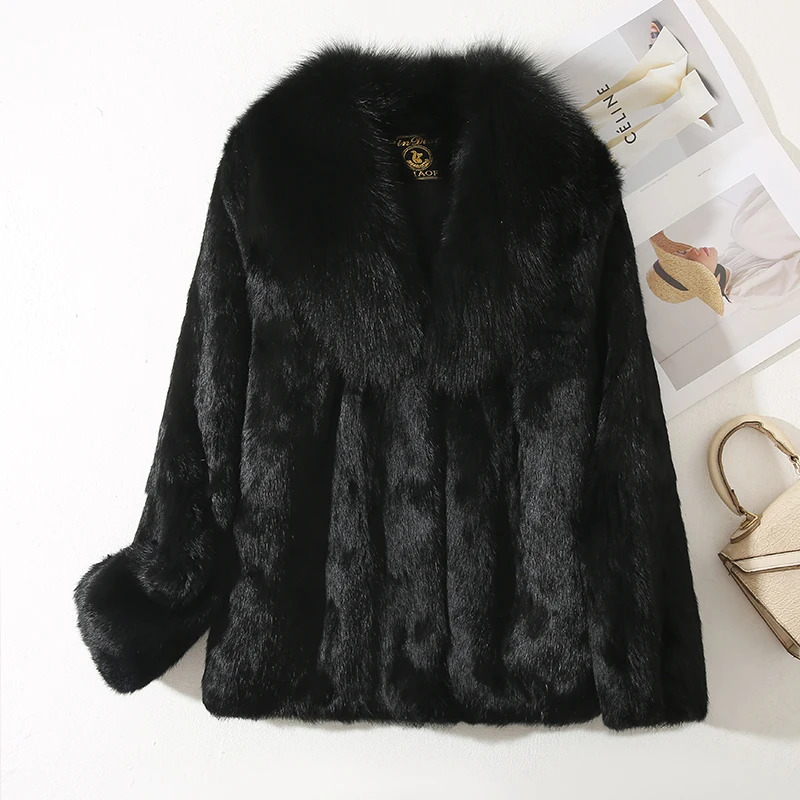 Genuine Whole 100% Real Natural Rabbit Fur Coat With y Fox Collar Jacket Full Pelt Overcoat 241113