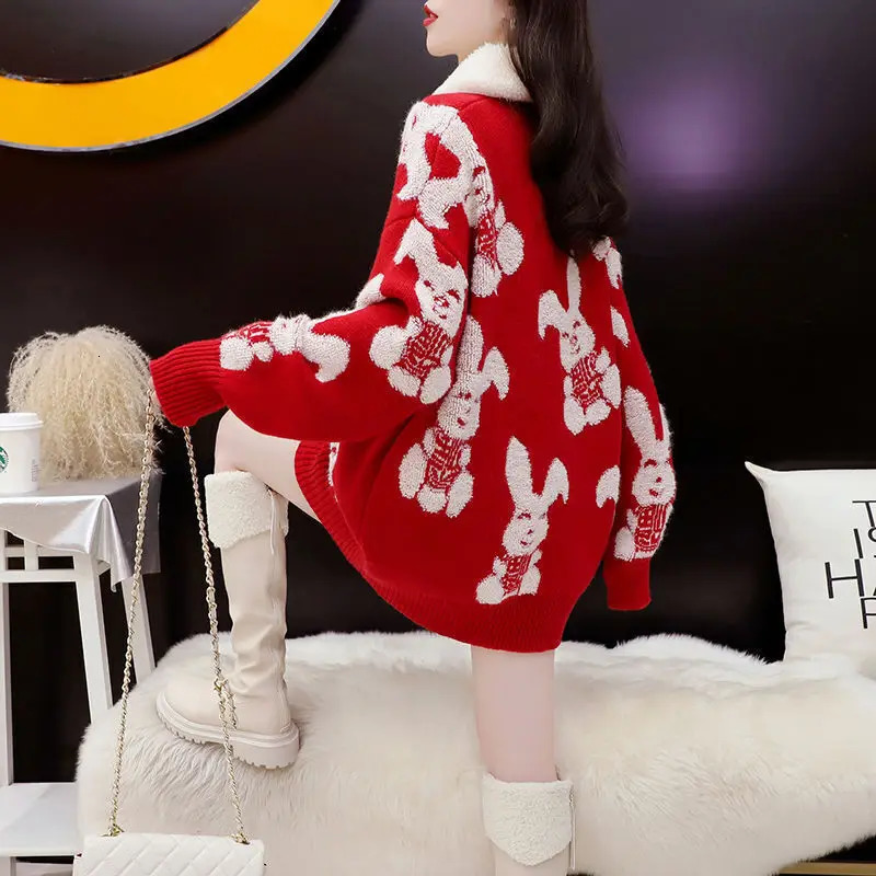 Wxw3823 Winter Red Christmas Knitted Sweater Womens Fur Collar Long Knitted Sweater Pulling Flower Womens Loose Warm Thick 241113