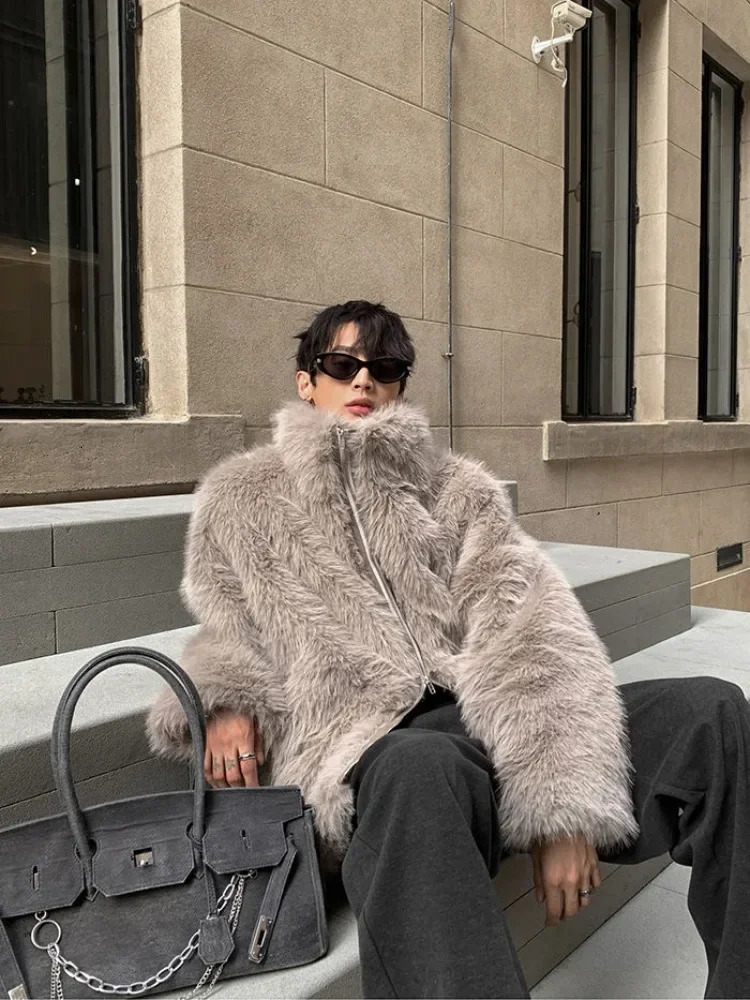 Korean Fashion Gray Eco friendly Fur Jacket Mens Winter Vertical Collar Street Wear Fur One Fur Coat 241113