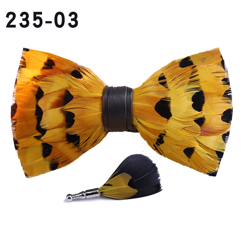 Feather Bow Tie Brooch Set - Wooden Gift Box For Men's Accessories Wedding Party Birthday 24