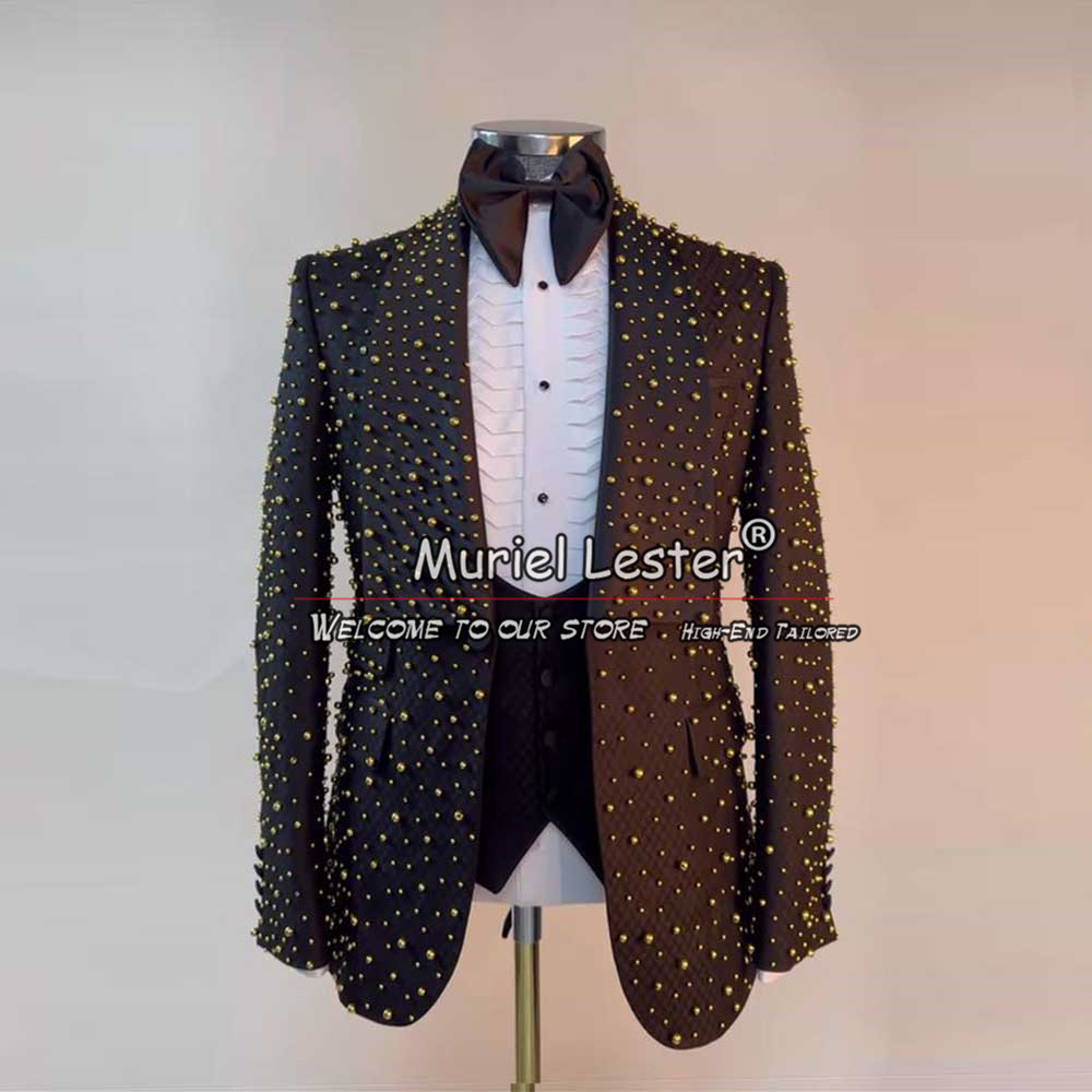 Luxury Men's Suits For Wedding Heavy Gold Pearls Groom Tuxedos Custom Made 3 Pieces Formal Banquet Party Prom Blazers Bespoke