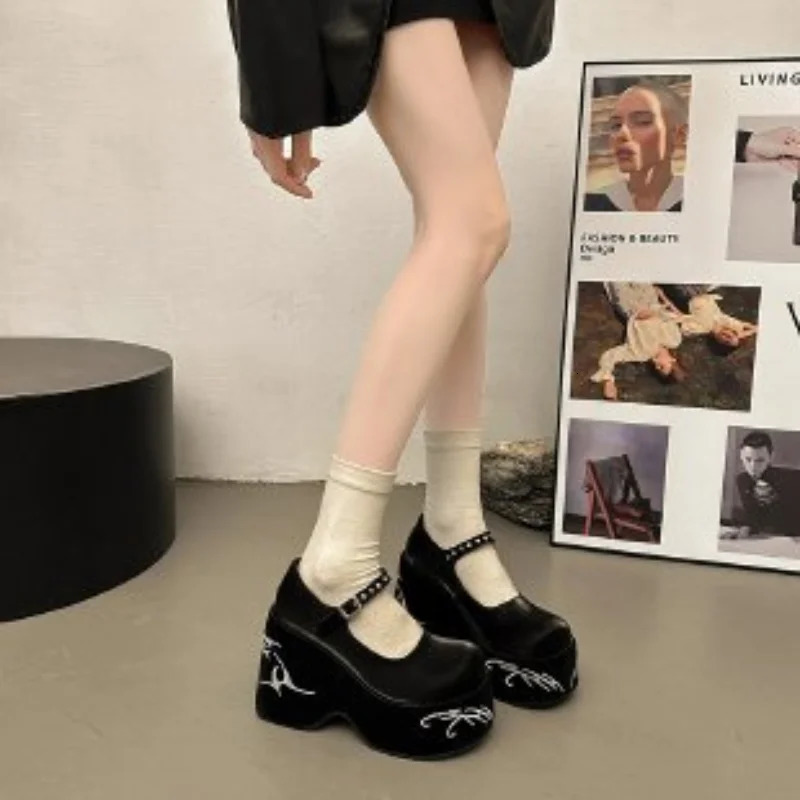 Women Platform Marie Janes Shoes 2024 Spring High Heels Shoes er Print Random Shallow Shoes Dress Pumps Zapatos Mujer 241112
