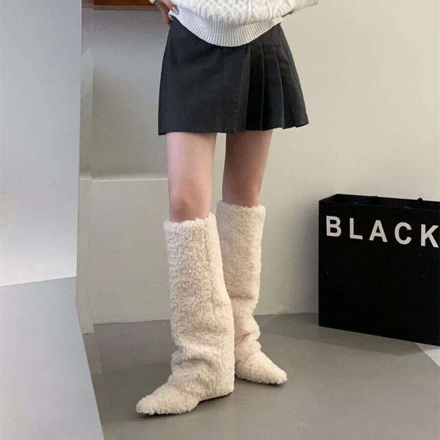 Women Winter Furry Thigh-high Pants Female Fashion Wedge Heeled Pointy Knee-high Boots 2025