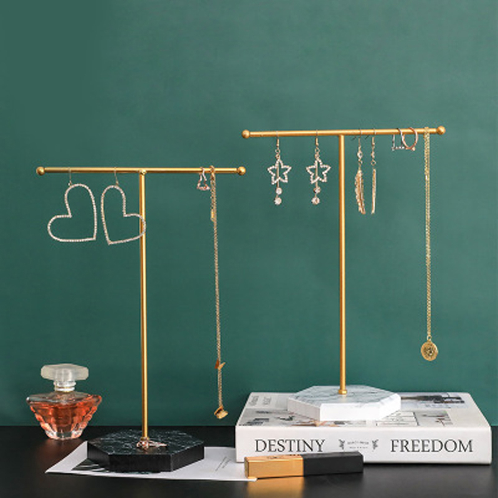 T-shaped Jewelry Shelf with Wood marble grain Base Minimalist Display Tower Metal for Bangles Necklaces Bracelets Rings Bag