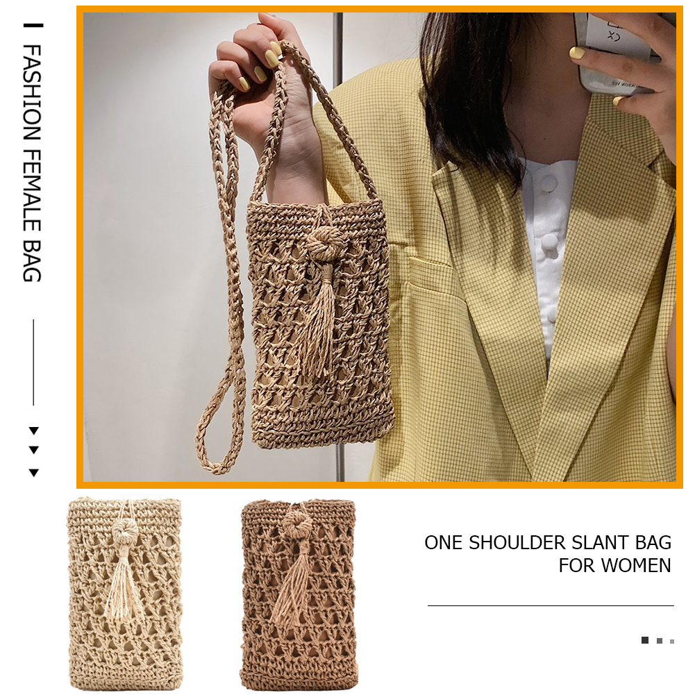Vintage Straw Woven Crossbody Phone Bag Women Casual Travel Small Purse LadiesMini Single Shoulder Pouch 20x12cm