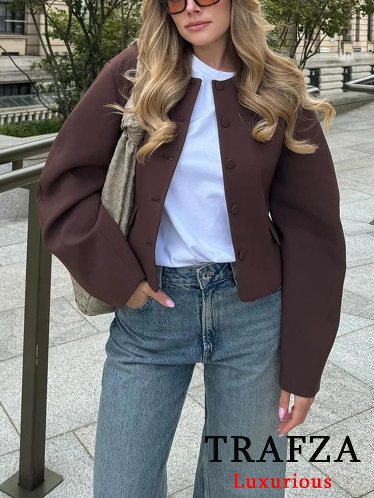 TRAFZA Retro Chic Womens Solid Single Chest O-Neck Short Jacket Ultra Thin Zipper Skiing Fashion Autumn/Winter Set 241112