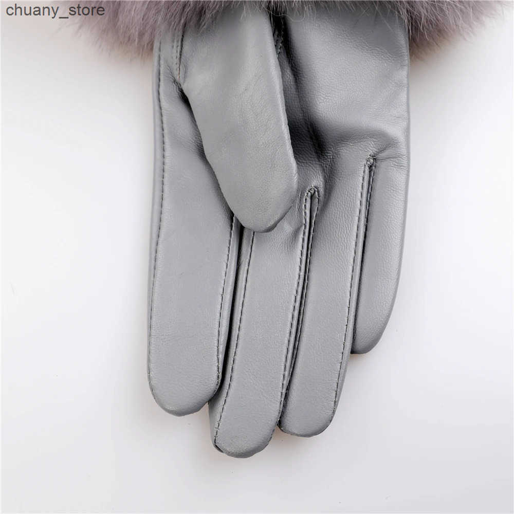 Fingerless Gloves Sheepskin Natural Fox Fur Trimming Gloves Womens Genuine Leather Wrist Warmer Glove Winter Warm Fashion Mittens Fce Lining L240910