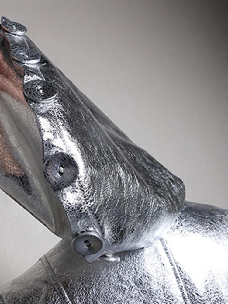 Lautaro Spring Autumn Long Cool Silver Shiny Reflective Pu Leather Trench Coat for Women with Hood Runway Fashion 241113 - view 6