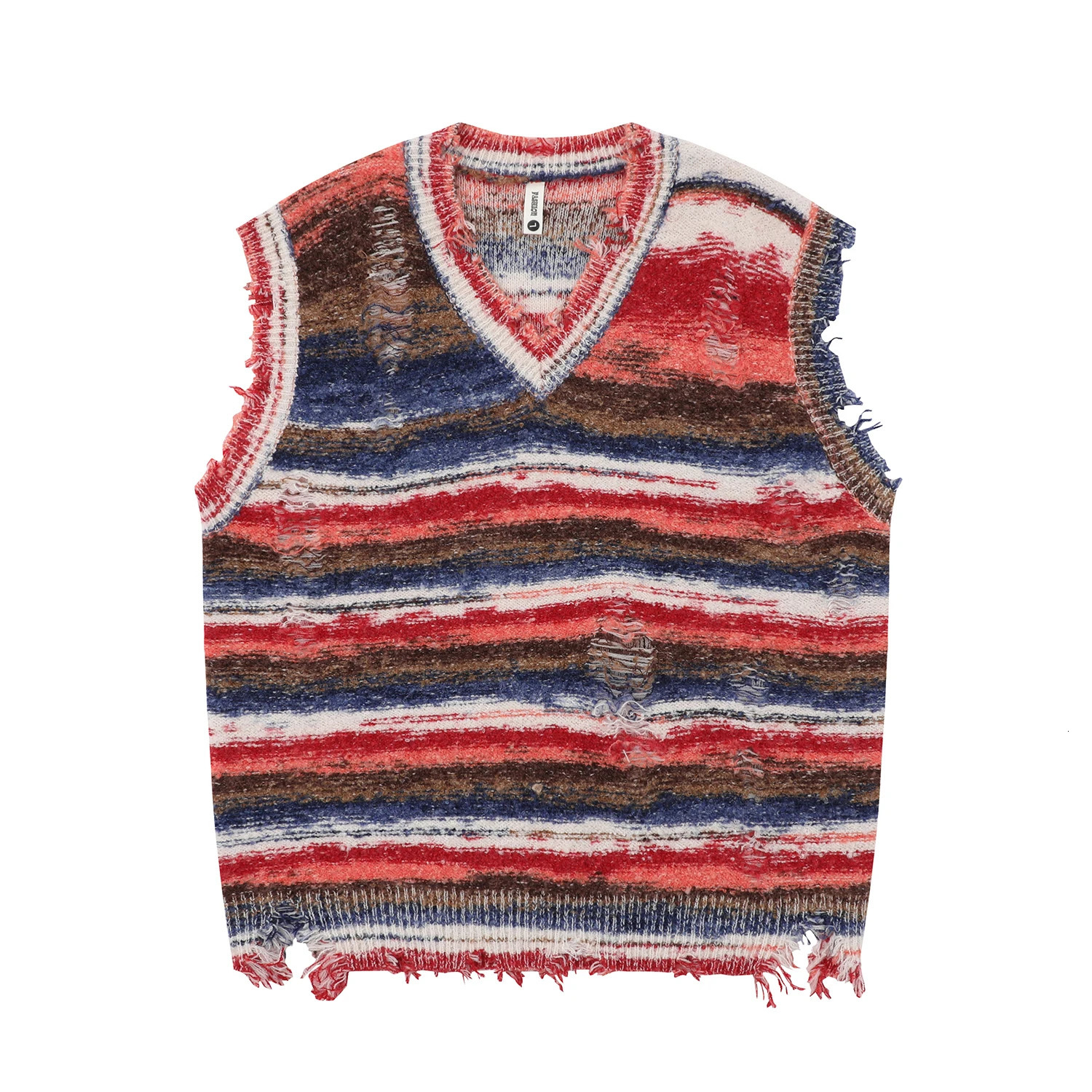 Vintage Gradient Stripe Baggy Knitted Sweater Vest Washed Ripped Red Sweater Tank Top Y2k Tie Dyeing V-Neck Sleeveless knitwear 241113