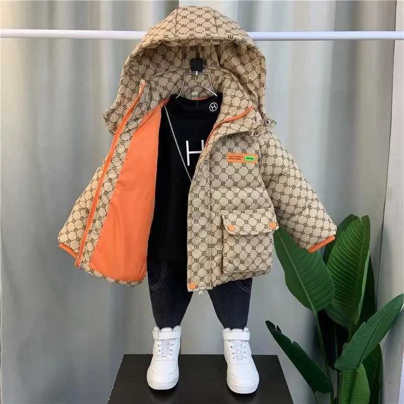 Down Coat Boys and girls winter jacket medium length down jacket black warm velvet thick hooded jacket big childrens jacket Q241112