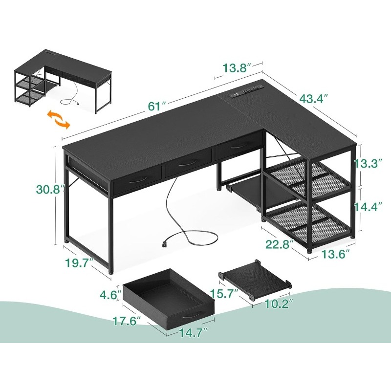 AODK L Shaped Desk with Fabric Drawers, 61 Inch Corner Desk with Power Outlets & Movable CPU Stand, Reversible Computer Desk