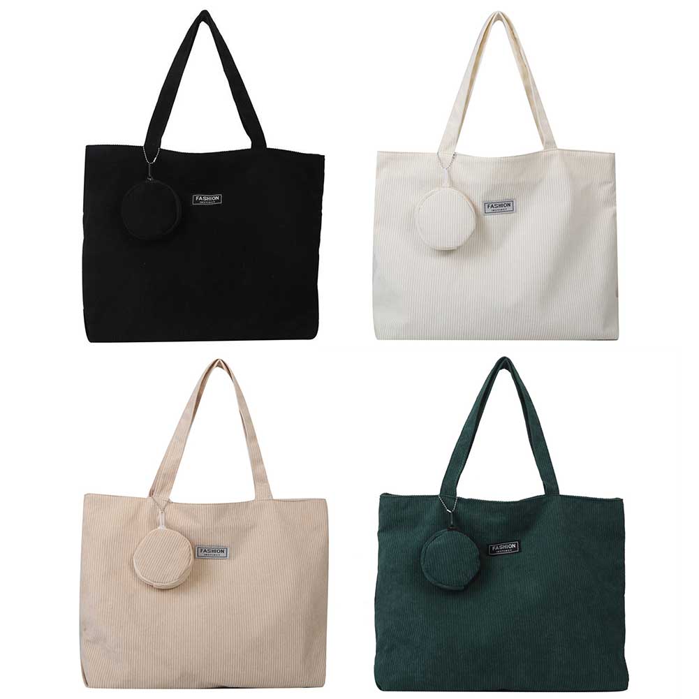 Women Corduroy Tote Handbag Zipper Top Handle Bag Foldable Retro Shoulder Bag with Coin Bag Large Capacity Versatile Sling Bag