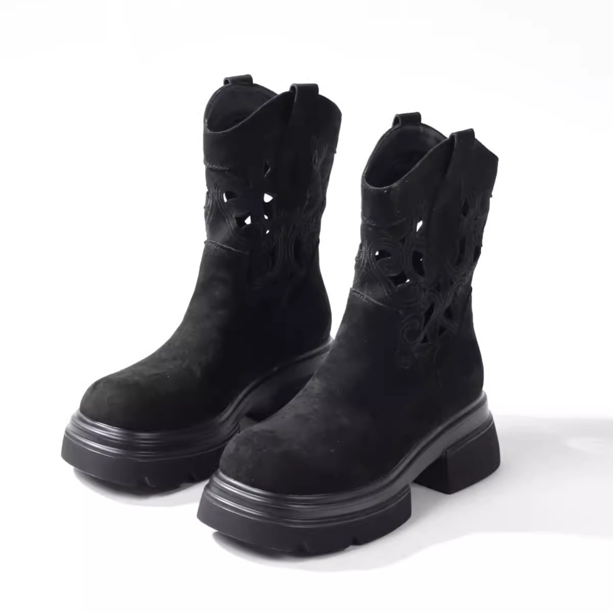 Women's Boots:Fashion Simple Hollow Design 2024 Retro Style Short Boots High Heel Increase Height,Black/Brown/Apricot,Free shipping
