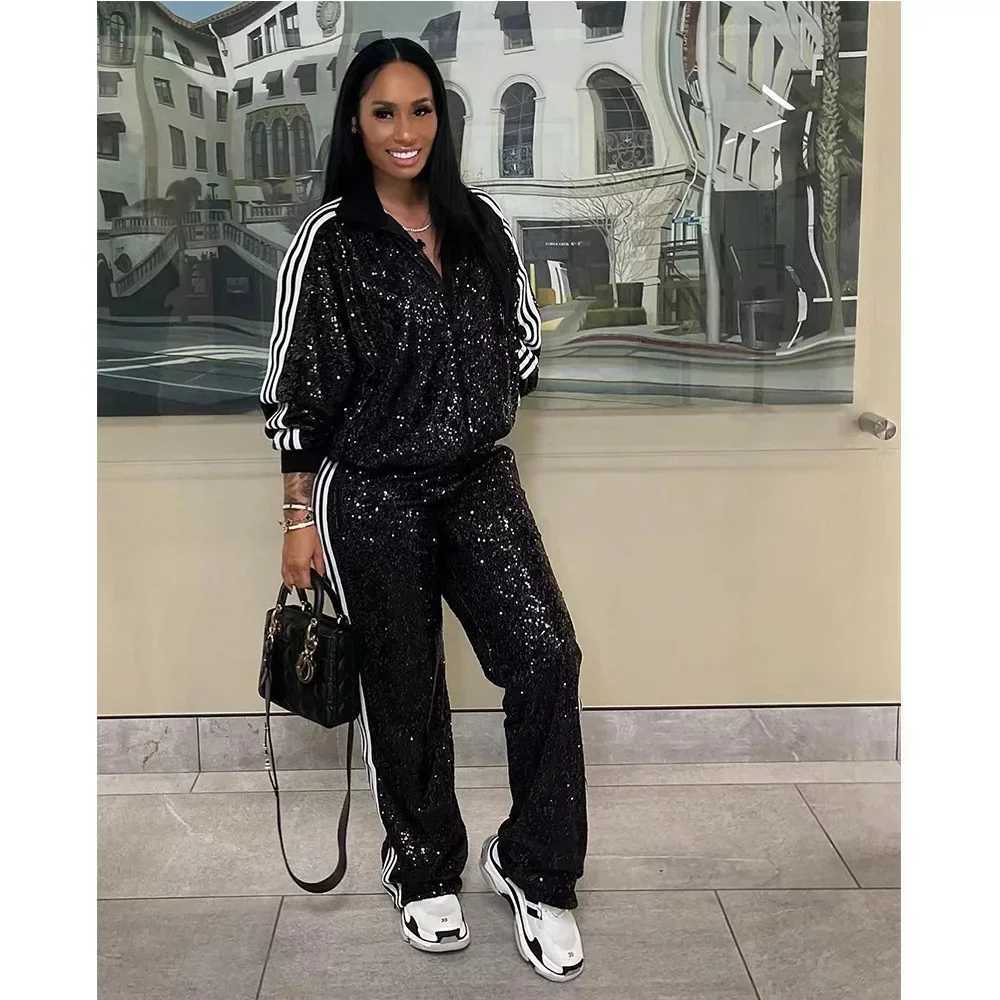 European Fashion Women Black Silver Sequin Long Pant Suit Spring Long Sve Ele 2 Pieces Club TracksuitsX241112