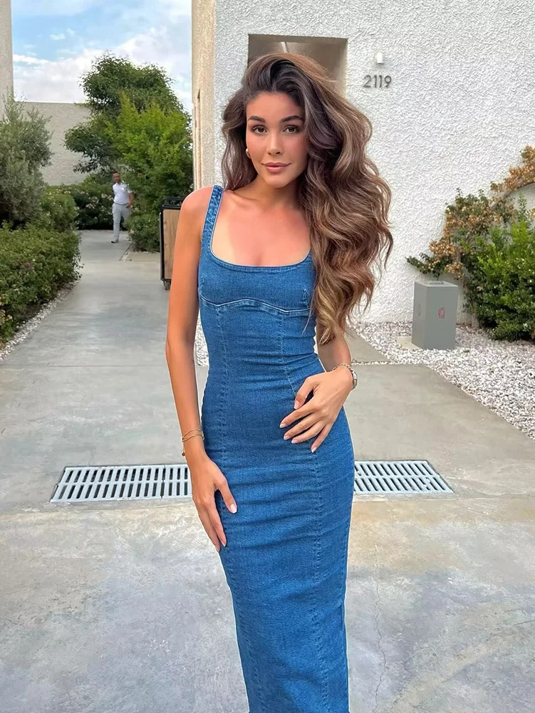 HH TRAF Womens Summer Vintage Denim Dress Fashion quare Neck Sleeveless Back Zipper Casual Slim Slit Sexy Midi Dresses 240402