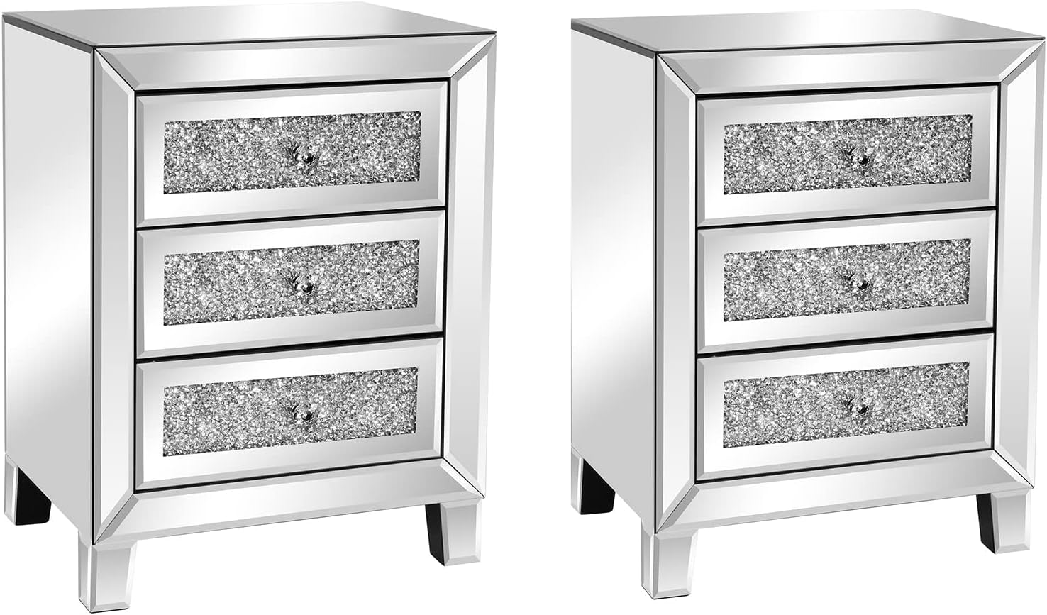 VINGLI Mirrored bedside table Nightstand Set of 2 Silver Side/End Tables for Living Room Contemporary Night Table