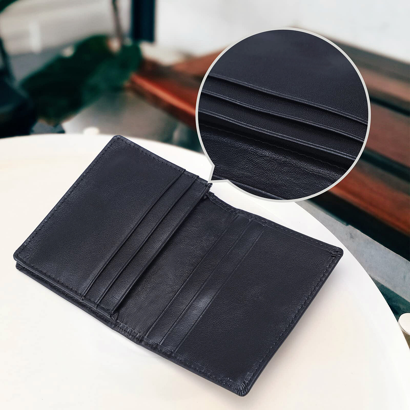 RFID Blocking Mens Slim Front Pocket Wallet Genuine Leather Bifold Credit Card Holder with ID Window Retro Style