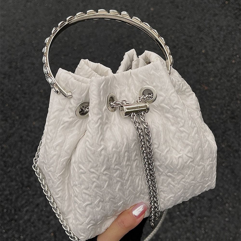 Korean Style Drawstring Bucket One-shoulder Dia Handle Chain Crossbody Bag Adjustable Oxford Pleated Handbag