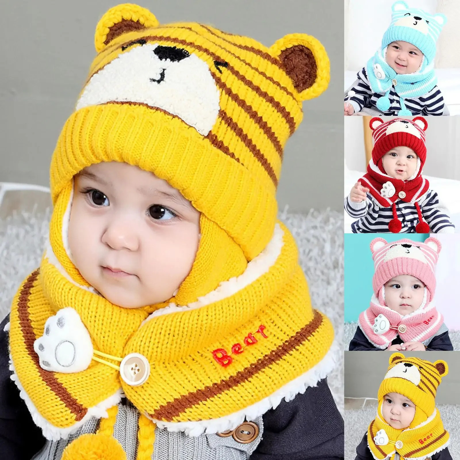 Winter Kids Baby Girls Boys Cartoon Bear Stripe Knit Hat Cap Woolen Yarn Scarf Earmuff Warm Keep Set for Outdoor Caps 241112