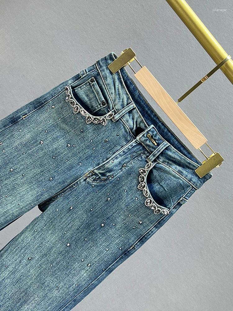 Women's Jeans High Waist Pockets Edge Diamond Studded Straight Wide Leg Blue Denim Pants 2024 Autumn Fashion 29L3903