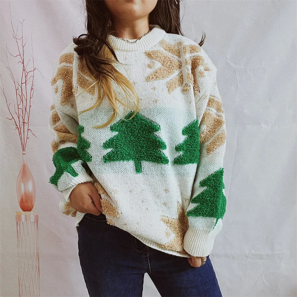 OMCHION Green Christmas Sweater Fashion Tree Embroidery Knitted Casual Loose Retro Womens Knitted Sweater 241113