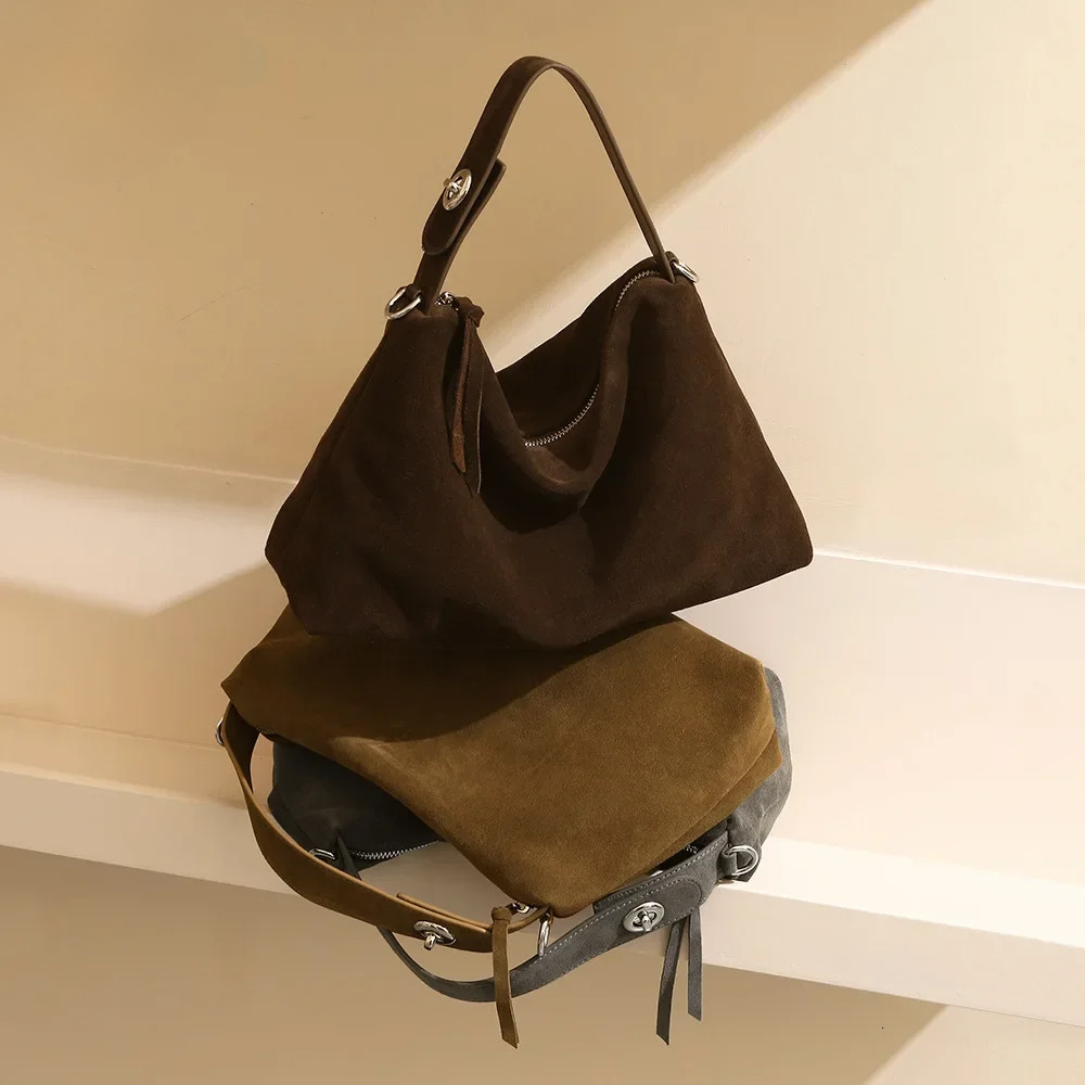 New High-End Soft Winter Large Hobo Tote 100% Genuine Suede Leather Women Shoulder Crossbody Purple Nubuck Ladies Hand Bag Paisley BagVoyage