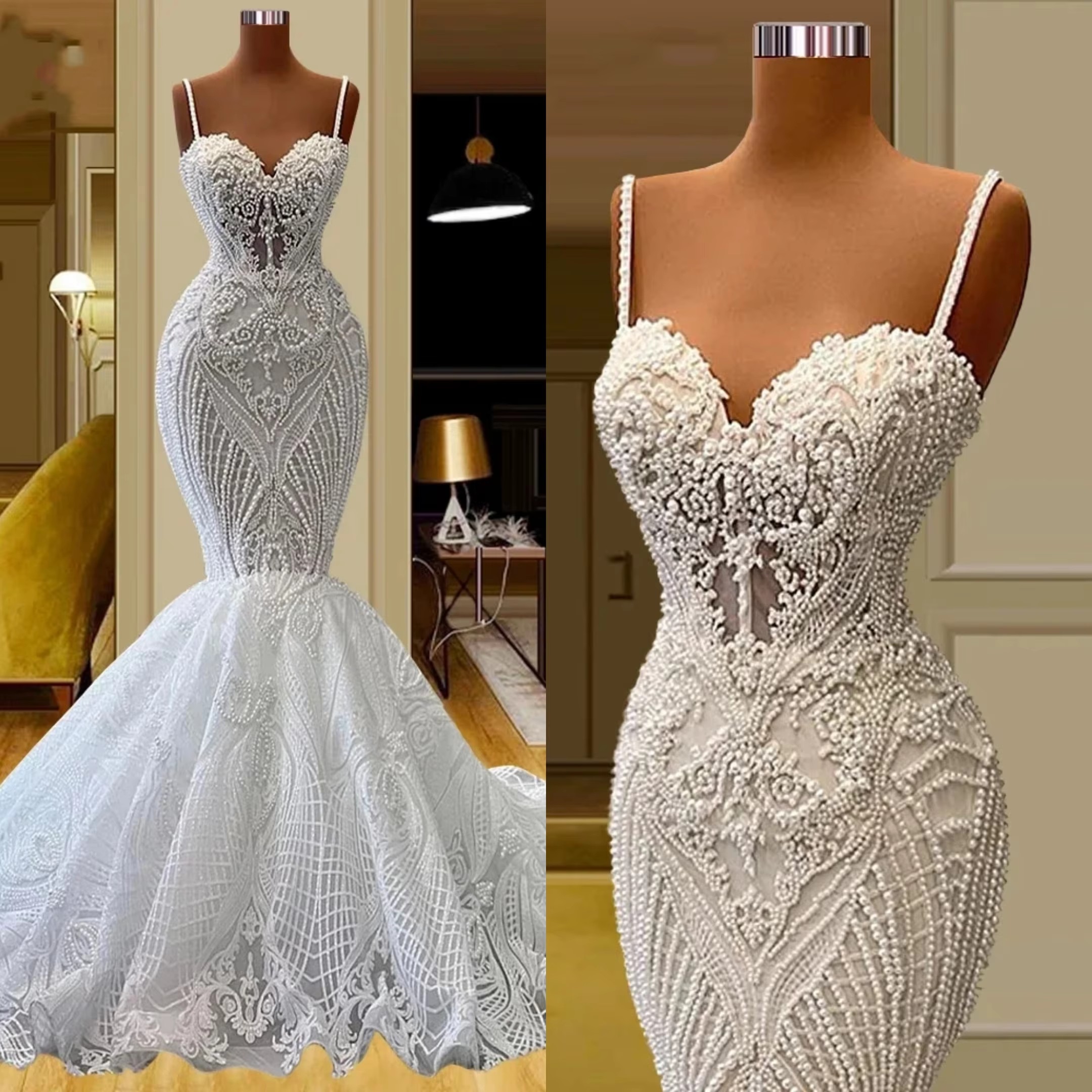 2025 Sexy Mermaid Wedding Dresses For Women Spaghetti Strap Sweetheart Bridal Gown Pearls Sleeveless Sweep Train Dress Custom Made