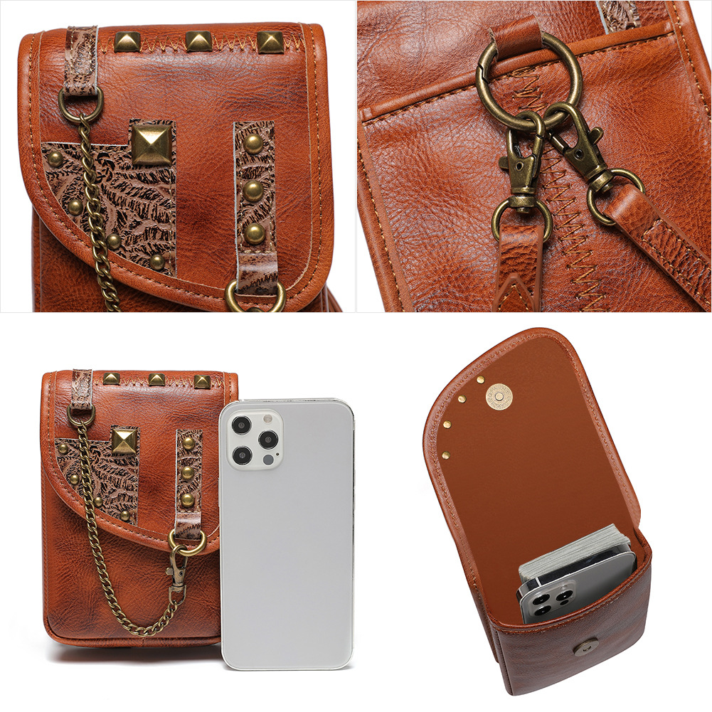 Retro Punk Genuine Leather Brown Women's Bag With A Top Layer Cowhide One Shoulder Crossbody Small Square Bag smile