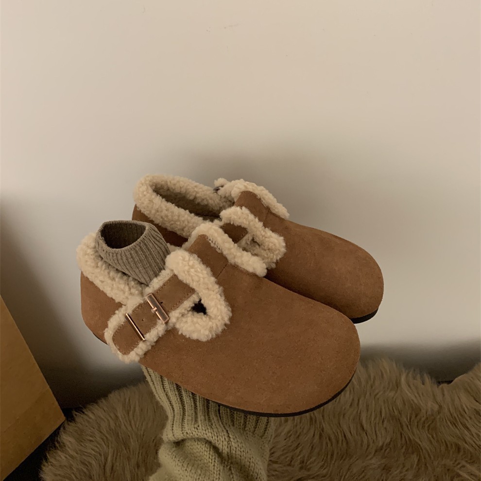 Retro thick soled brown velvet fur shoes for women, wearing warm cotton shoes for autumn and winter, snow boots for women