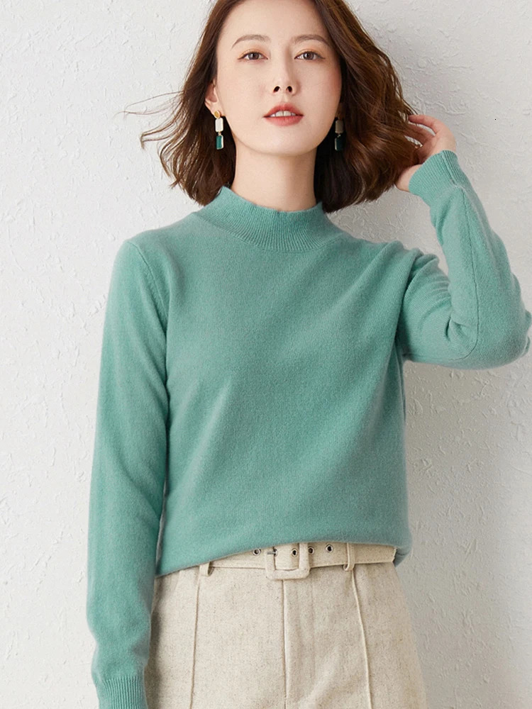 Womens solid semi high neck cashmere sweater autumn and winter loose plus size knitted wool casual sweater bottom sweater 241113