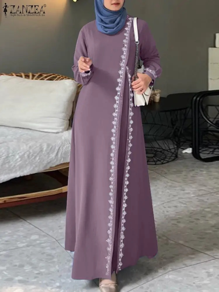 ZANZEA Spring Lace Crochet Dress Muslim Abaya Elegant Loose Tank Top Womens Long Sleeve O Neck Isiamic Robe Kaftan 241111