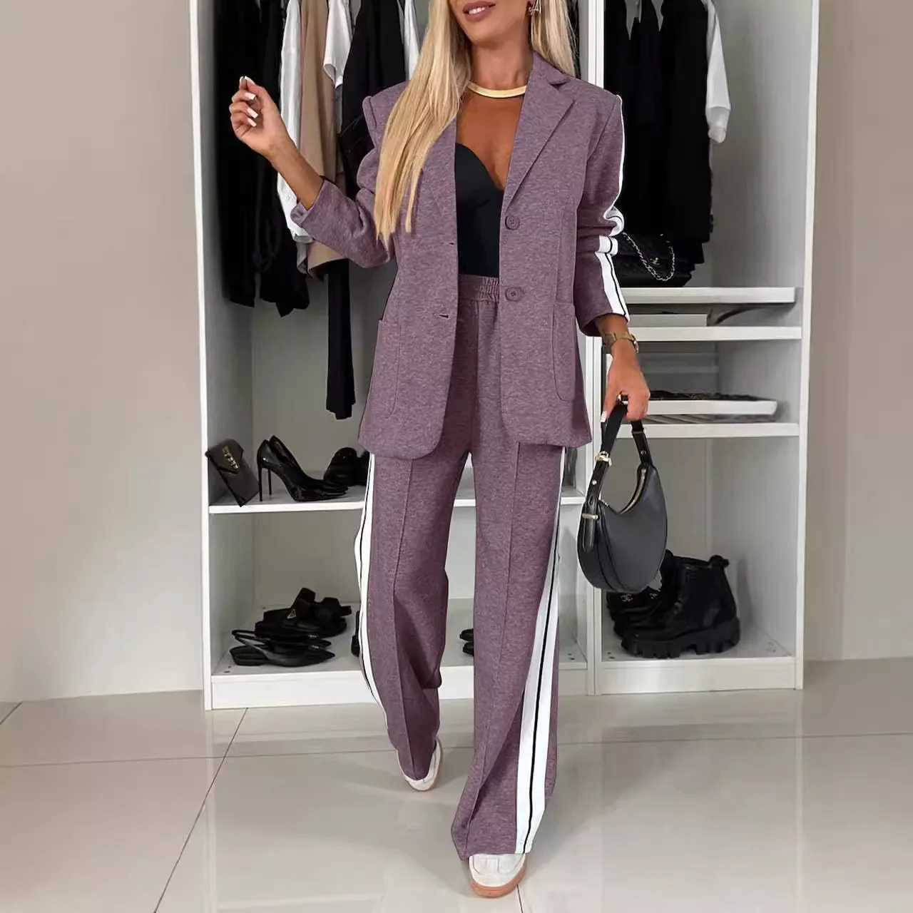 Women Blazer Winter Fall Fashion V-neck Long Sve 2 Piece Ele Straight Leg Pant Sports Two Piece Suit Women 2024X241112