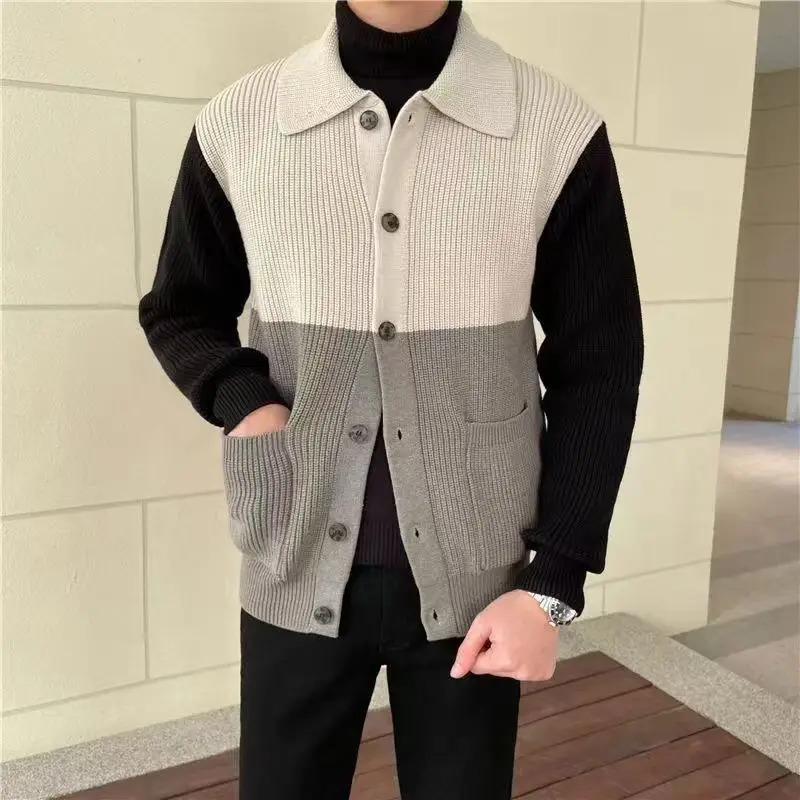 Mens Knitted Polo Shirt with Open Collar Standing Long Sleeve Button Mens Top Spring and Autumn Slimming Collar Sweater 241108